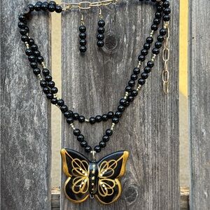 Black and Gold Butterfly Necklace and Earring Set